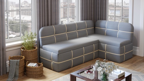 Скамья Угловая со Спальным Местом «Майами» (Дуб Сонома Трюфель/Рогожка Сине-Бежевая)Д-1910+1220 мм x Г-500 мм x В-780 мС